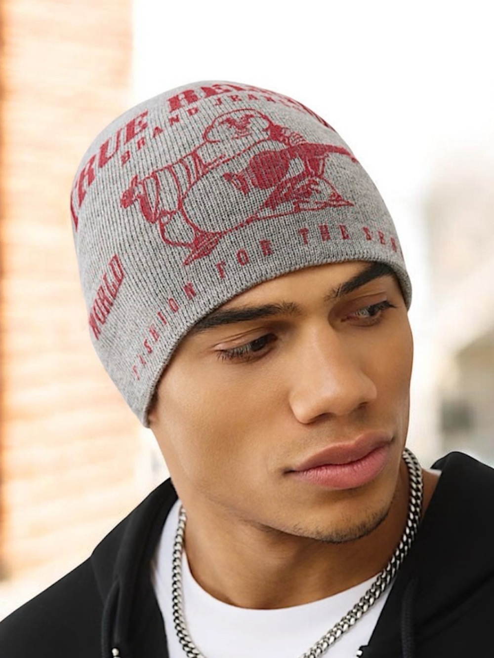 NWT True Religion World Tour Logo Cotton Beanie Gray Red One Size